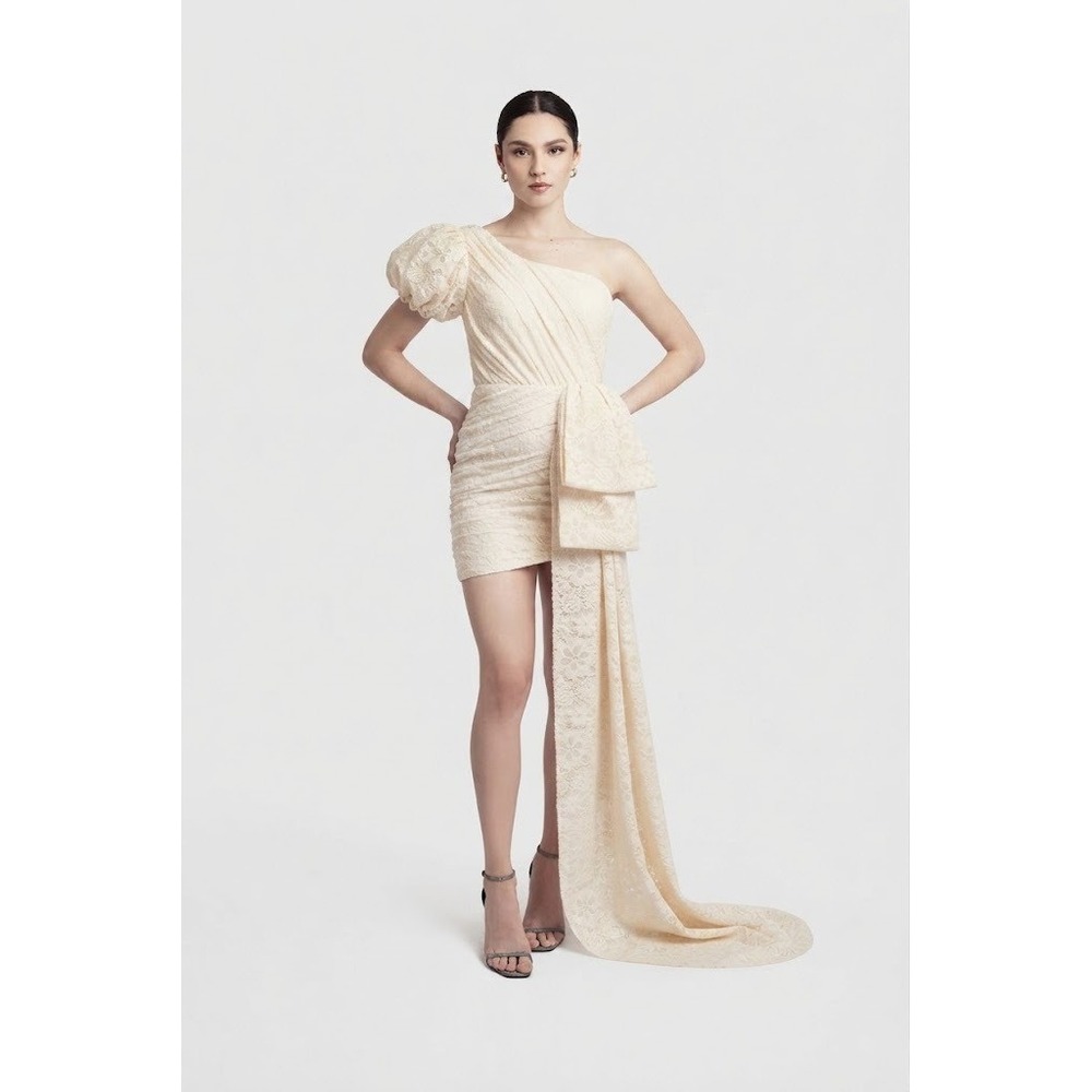 Luciana Balderrama Lace One Shoulder Mini Dress Train Size 6 Ivory NWT $795